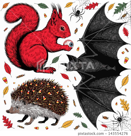 The image shows a Halloween-themed digital illustration executed in a bright red color The image shows a Halloween-themed digital illustration executed in a bright red color 143554276
