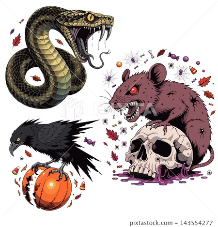 The image features three spooky Halloween-themed vector illustrations The image features three spooky Halloween-themed vector illustrations 143554277