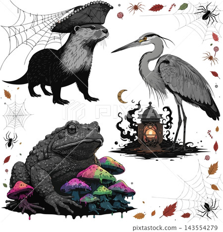 The image features a highly detailed toad, an otter wearing a pirate hat, and a grey heron holding an antique lantern The image features a highly detailed toad, an otter wearing a pirate hat, and a grey heron holding an antique lantern 143554279