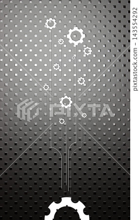 White silhouettes of gears on metal sheet with textured embossed squares White silhouettes of gears on metal sheet with textured embossed squares 143554292