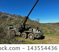 CAESAR Self-Propelled Howitzer Standing in an Open Field with Gun Barrel Elevated 143554436