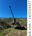 CAESAR Self-Propelled Howitzer Standing in an Open Field with Gun Barrel Elevated 143554437