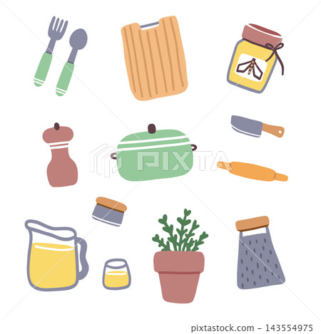 A diverse collection of kitchen utensil equipment featuring a cooking pot, a cutting board, and a plant. A diverse collection of kitchen utensil equipment featuring a cooking pot, a cutting board, and a plant. 143554975