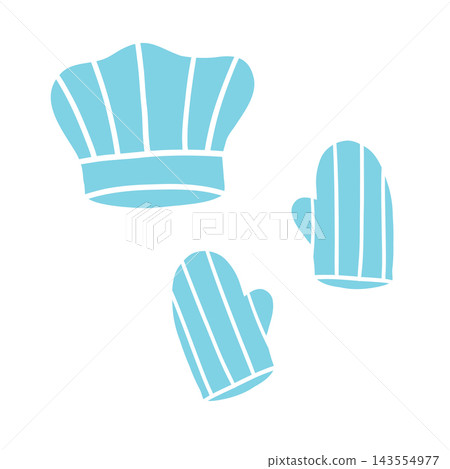 A traditional chef hat and protective oven mitt uniform for safe baking in the kitchen. A traditional chef hat and protective oven mitt uniform for safe baking in the kitchen. 143554977