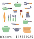 A large set of culinary kitchen utensil items including a cooking pot, a frying pan, and food equipment. 143554985