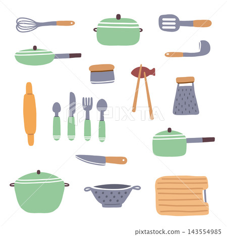 A large set of culinary kitchen utensil items including a cooking pot, a frying pan, and food equipment. A large set of culinary kitchen utensil items including a cooking pot, a frying pan, and food equipment. 143554985