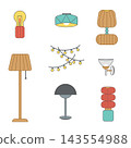 A stylish interior decor furniture set featuring a standing floor lamp, string light, and modern ceiling fixtures. 143554988
