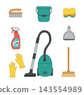 A complete household cleaning kit featuring a modern vacuum, a water bucket, a floor mop, a sweeping broom, a washing sponge, a scrub brush, a dustpan, and a rubber glove. 143554989