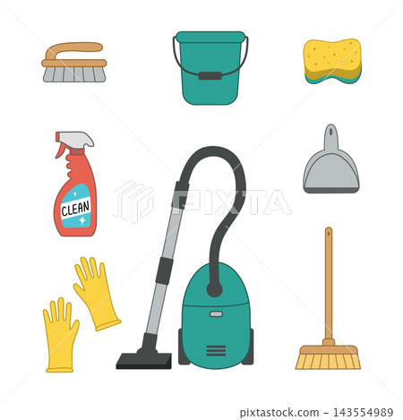 A complete household cleaning kit featuring a modern vacuum, a water bucket, a floor mop, a sweeping broom, a washing sponge, a scrub brush, a dustpan, and a rubber glove. A complete household cleaning kit featuring a modern vacuum, a water bucket, a floor mop, a sweeping broom, a washing sponge, a scrub brush, a dustpan, and a rubber glove. 143554989