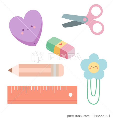 A cute stationery crafting kit that includes a handy scissor, a measuring ruler, a drawing pencil, and a rubber eraser. A cute stationery crafting kit that includes a handy scissor, a measuring ruler, a drawing pencil, and a rubber eraser. 143554991