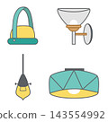 A modern interior light fixture set featuring a hanging ceiling lamp, wall sconce, and matching furniture decor. 143554992