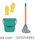 A practical household cleaning setup featuring a water bucket, a floor mop, and a protective rubber glove as an essential tool and equipment chore kit. 143554993