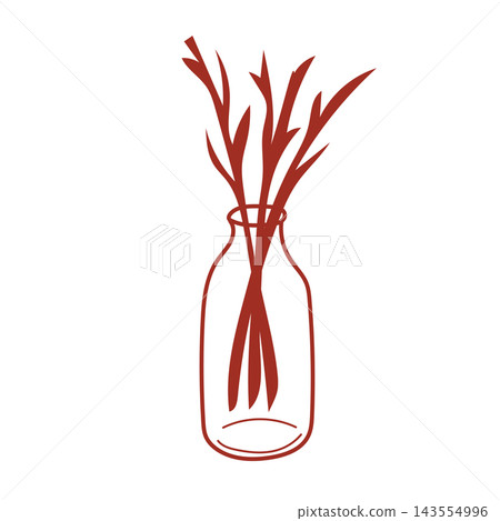 A minimalist line art design of a glass vase filled with a decorative dry plant flower branch and leaf for home decor. A minimalist line art design of a glass vase filled with a decorative dry plant flower branch and leaf for home decor. 143554996