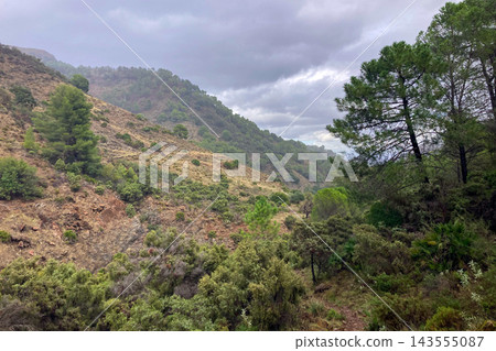 Hiking trail to waterfalls over river Caballos, Sierra de la Nieves National Park in Tolox, Malaga, Spain 143555087