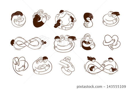 Collection of minimalist hand drawn illustrations and logo elements showing couples, families and 143555109