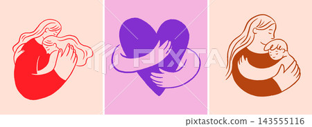 Hand drawn illustrations featuring mother embracing her baby and child, with hands hugging a heart Hand drawn illustrations featuring mother embracing her baby and child, with hands hugging a heart 143555116