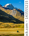 Green tractor on alpine meadow below snow-capped Mont Blanc peaks at Little St Bernard Pass, Italy 143555215