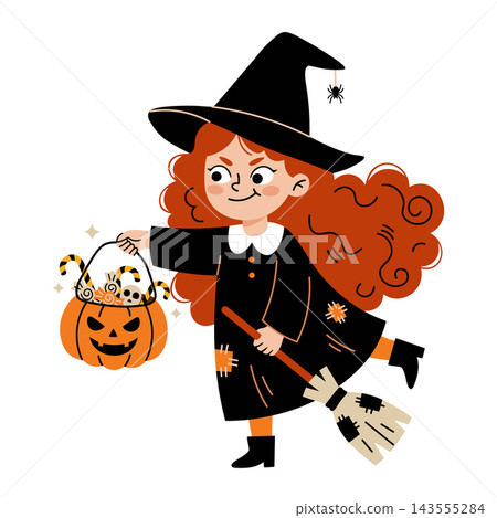 Cute witch girl holding a jack-o-lantern pumpkin bucket filled with halloween candy, cute anime style little witch character trick or treating illustration for autumn holiday design Cute witch girl holding a jack-o-lantern pumpkin bucket filled with halloween candy, cute anime style little witch character trick or treating illustration for autumn holiday design 143555284