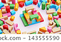 Unfinished Construction Made of Colorful Wooden Toy Building Blocks on Pastel Surface 143555590