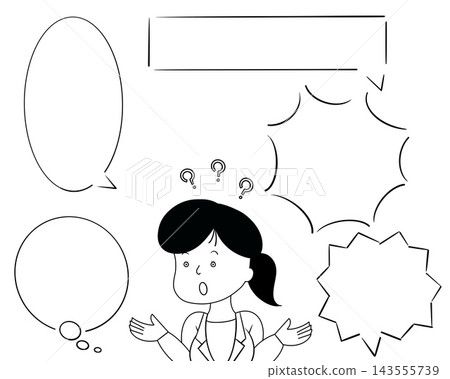 A female office worker is overflowing with questions and speech bubbles. 143555739