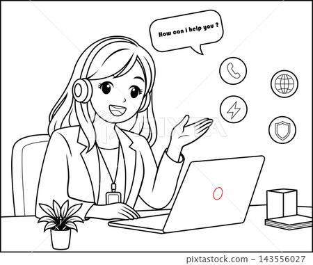 Cute Customer Service Girl With Headset Using Laptop Outline 143556027