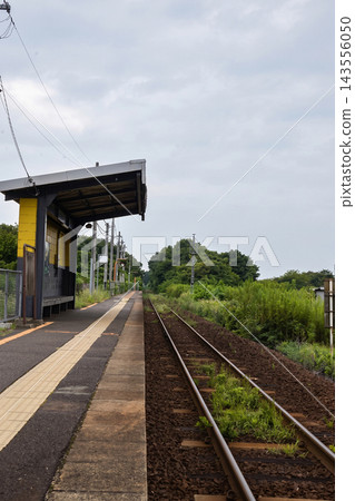 A quiet rural unmanned station platform surrounded by trees and plants, and a single-track railway line. A quiet rural unmanned station platform surrounded by trees and plants, and a single-track railway line. 143556050