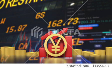 Japanese Yen Symbol with Rising Chart and Gold Coins 3d render. Japanese Yen Symbol with Rising Chart and Gold Coins 3d render. 143556097
