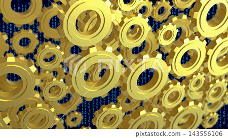Golden Mechanical Gears over Blue Binary Code Background 3d render. 143556106