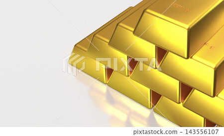 Stacked Gold Bullion Bars on a Reflective White Background 3d render. 143556107