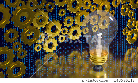 Innovation Light Bulb with Golden Gears and Binary Code 3d render. Innovation Light Bulb with Golden Gears and Binary Code 3d render. 143556115