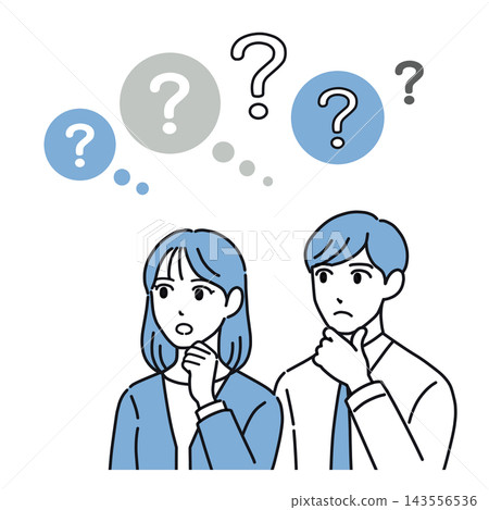 一幅插圖,描繪了一對年輕的勞動男女,他們雙手托腮,陷入沉思。 (藍色) 一幅插圖,描繪了一對年輕的勞動男女,他們雙手托腮,陷入沉思。 (藍色) 143556536