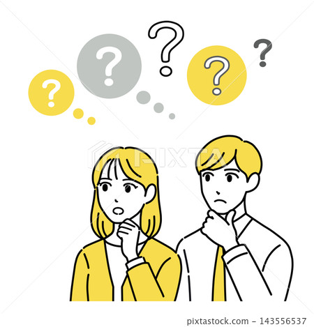 Illustration of a young working man and woman with their hands on their chins, deep in thought. (Yellow) 143556537