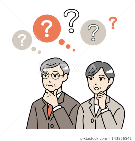 An illustration of a male and female business executive with their hands on their chins, deep in thought. An illustration of a male and female business executive with their hands on their chins, deep in thought. 143556541