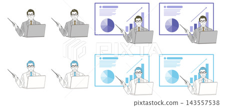 A middle-aged businessman giving a presentation using a computer. A middle-aged businessman giving a presentation using a computer. 143557538