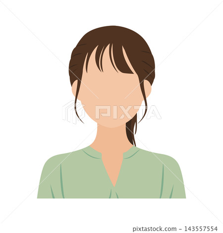 一位年輕女子（無臉）的上半身向量圖，綁著馬尾辮，身穿休閒服。 143557554