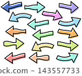 A set of colorful, misprinted, hand-drawn style arrows with black borders. 143557733
