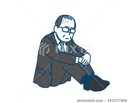An illustration of a middle-aged office worker sitting with his knees hugged to his chest, looking dejected. An illustration of a middle-aged office worker sitting with his knees hugged to his chest, looking dejected. 143557908