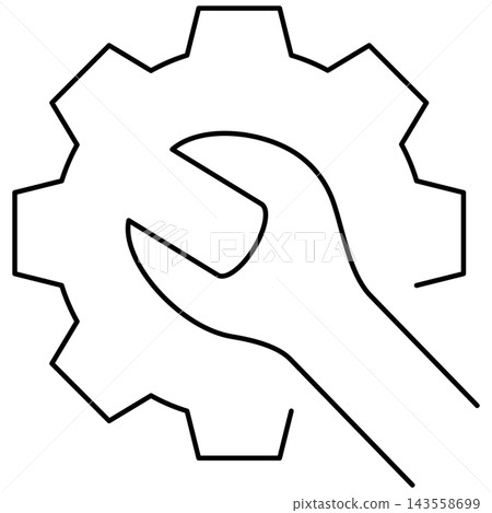 Line art style icon illustration of a gear wheel with wrench tool symbol isolated on transparent background. Minimalist thin line design element clip art for service setup UI. Line art style icon illustration of a gear wheel with wrench tool symbol isolated on transparent background. Minimalist thin line design element clip art for service setup UI. 143558699
