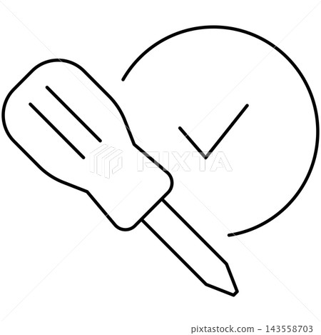 Line art style icon illustration of a screwdriver tool with checkmark badge isolated on transparent background. Minimalist thin line element for repair completed UI. Line art style icon illustration of a screwdriver tool with checkmark badge isolated on transparent background. Minimalist thin line element for repair completed UI. 143558703