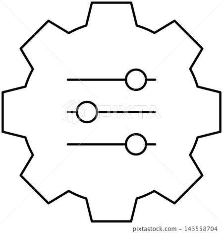 Line art style icon illustration of a gear wheel with adjustment sliders isolated on transparent background. Minimalist thin line design element for system control UI. Line art style icon illustration of a gear wheel with adjustment sliders isolated on transparent background. Minimalist thin line design element for system control UI. 143558704