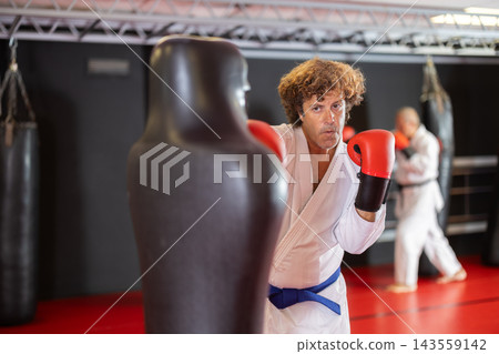 Karate student practicing punches on freestanding dummy Karate student practicing punches on freestanding dummy 143559142