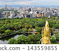 Golden Shachihoko Ornament of Osaka Castle Overlooking Castle Park and Osaka City Skyline in Japan. 143559855