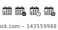 Calendar vector icon set, calendar icon with check mark, clock, and location pin for scheduling, event planning, appointment booking, and time management vector. 143559988