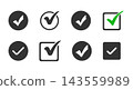 Set of check mark icons with tick symbols in circles and square checkboxes, approval, survey, test and voting design elements. 143559989