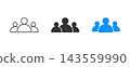People group and community icons set in outline, black silhouette, and blue flat vector style for business teamwork, user profile, community profile picture icon, group icon. 143559990