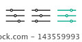 Horizontal slider icon set with adjustment controls, equalizer audio level bars, filter parameters, and user settings interface vector symbols 143559993