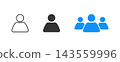 Minimalist user and team icon set featuring single profile silhouette, outline person symbol, and group of users for digital interface design 143559996