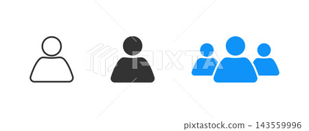 Minimalist user and team icon set featuring single profile silhouette, outline person symbol, and group of users for digital interface design 143559996