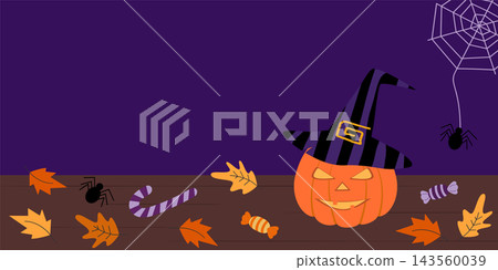 Halloween pumpkin banner in witch hat spiders candy and autumn leaves on purple Copy space Template. Flat vector banner with a purple background and copy space for party invitations, greetings, labels 143560039