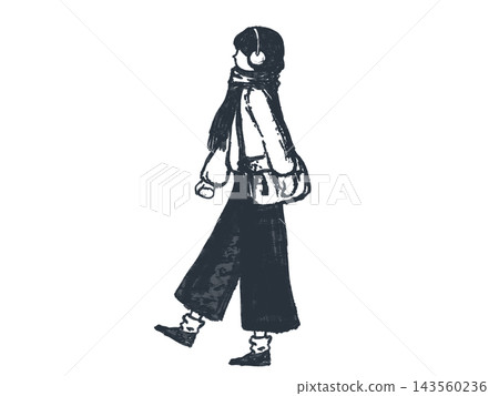 一位年輕女子身著冬裝行走的插圖。 一位年輕女子身著冬裝行走的插圖。 143560236